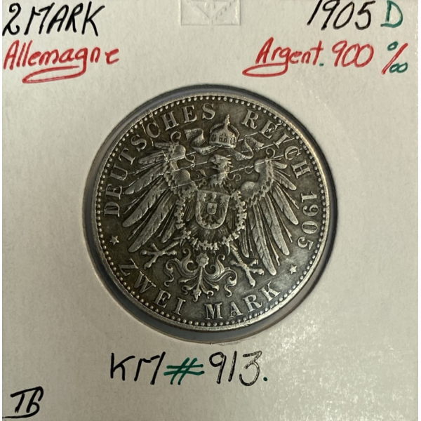 ALLEMAGNE - 2 MARK - 1905 D - Pièce de Monnaie en Argent // Qualité : TB