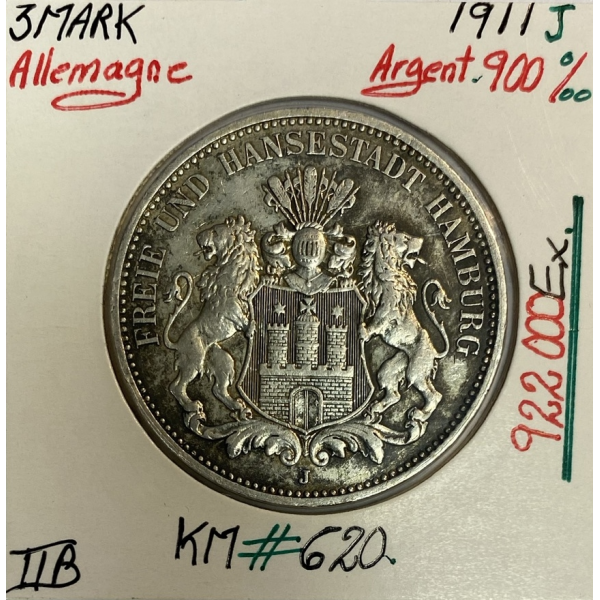 ALLEMAGNE - 3 MARK - 1911 J - Pièce de Monnaie en Argent // Qualité : TTB