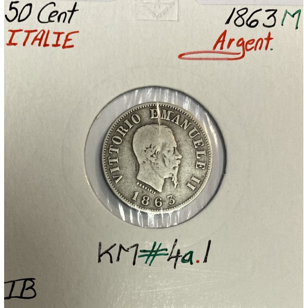 ITALIE - 50 CENT 1863 M - Pièce de Monnaie en Argent // Qualité : TB