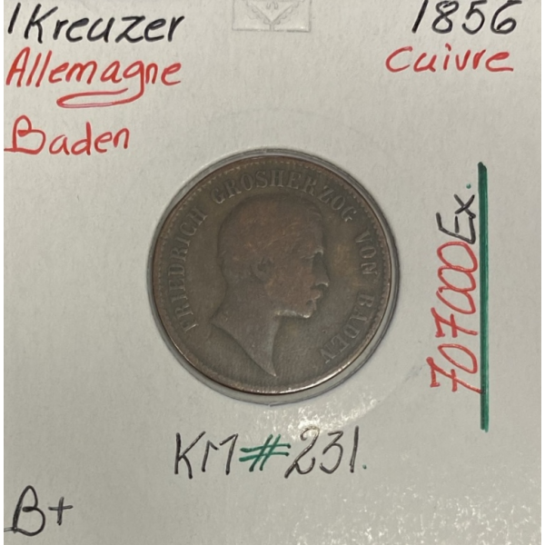 ALLEMAGNE BADEN - 1 KREUZER - 1856 - Pièce de Monnaie en Cuivre // Qualité : B