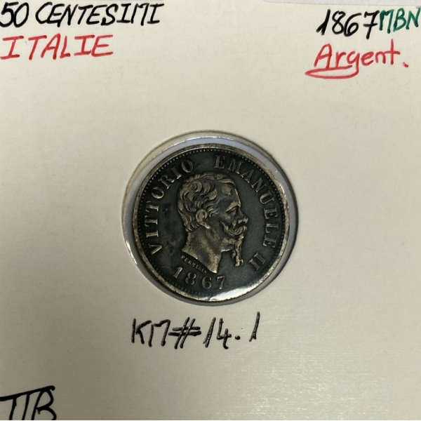 ITALIE - 50 CENTESIMI 1867M BN - Pièce de Monnaie en Argent // Qualité : TTB