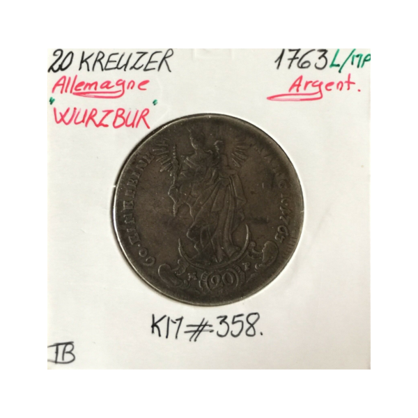 ALLEMAGNE WURZBUR - 2O KREUZER - 1763 L/MP - Monnaie en Argent // Qualité : TB