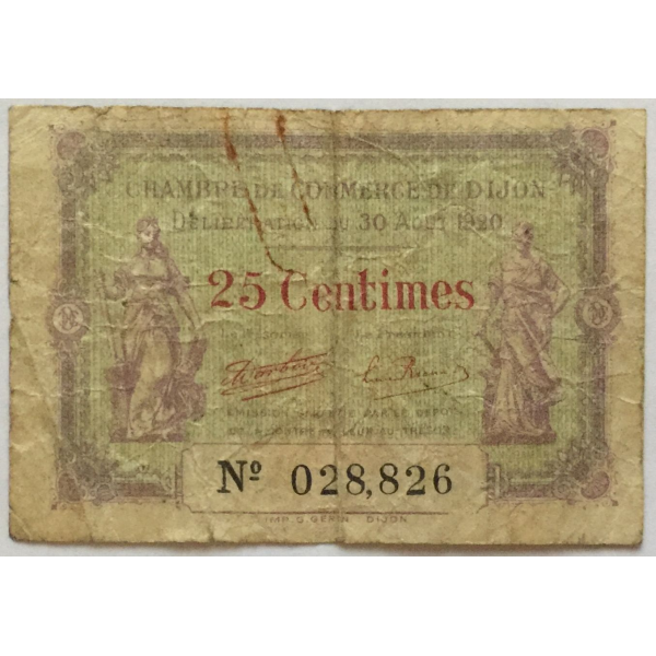 25 CENTIMES - Chambre de Commerce de DIJON - 30.8.1920