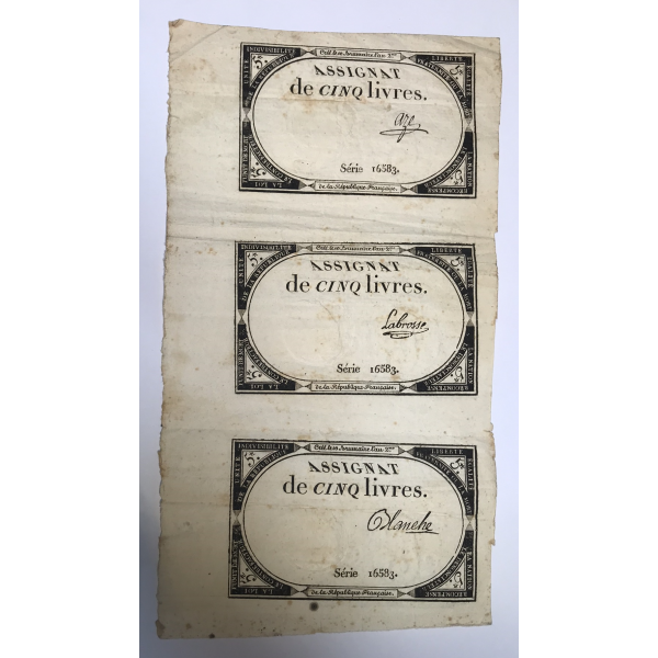 3 ASSIGNATS de CINQ LIVRES de FRANCE (Série 16583) - Domaines Nationaux