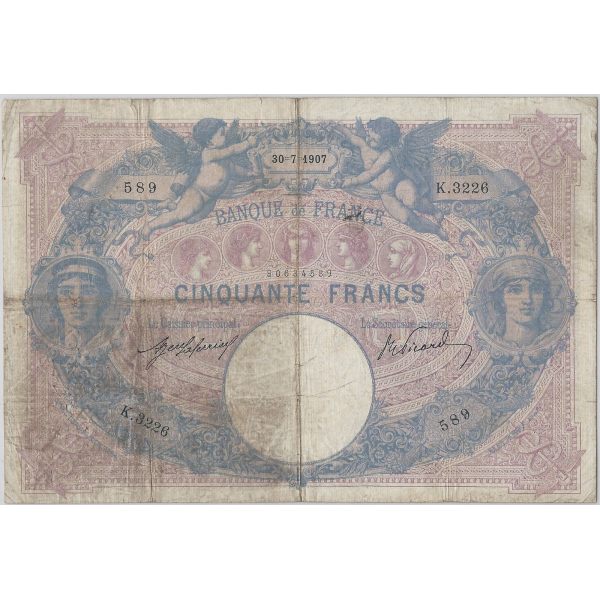 50 FRANCS BLEU ET ROSE - 30.7.1907 - Billet de banque français (B+)