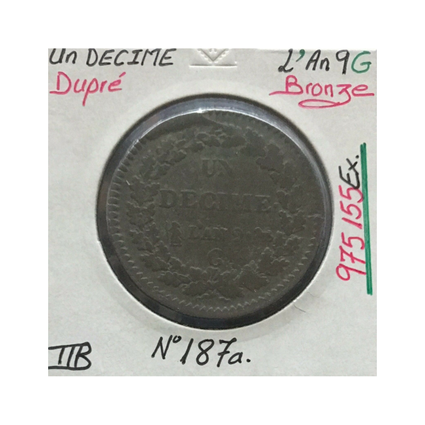 1 DECIME DUPRE - L'AN 9 G - Pièce de Monnaie en Bronze // TTB