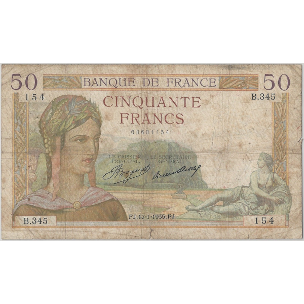 50 FRANCS CERES - 7.1.1935 - Billet de banque français (B+)