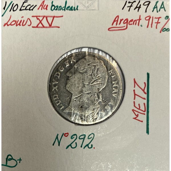 1/10 ECU au bandeau - LOUIS XV - 1749AA - Monnaie en Argent // Qualité : B